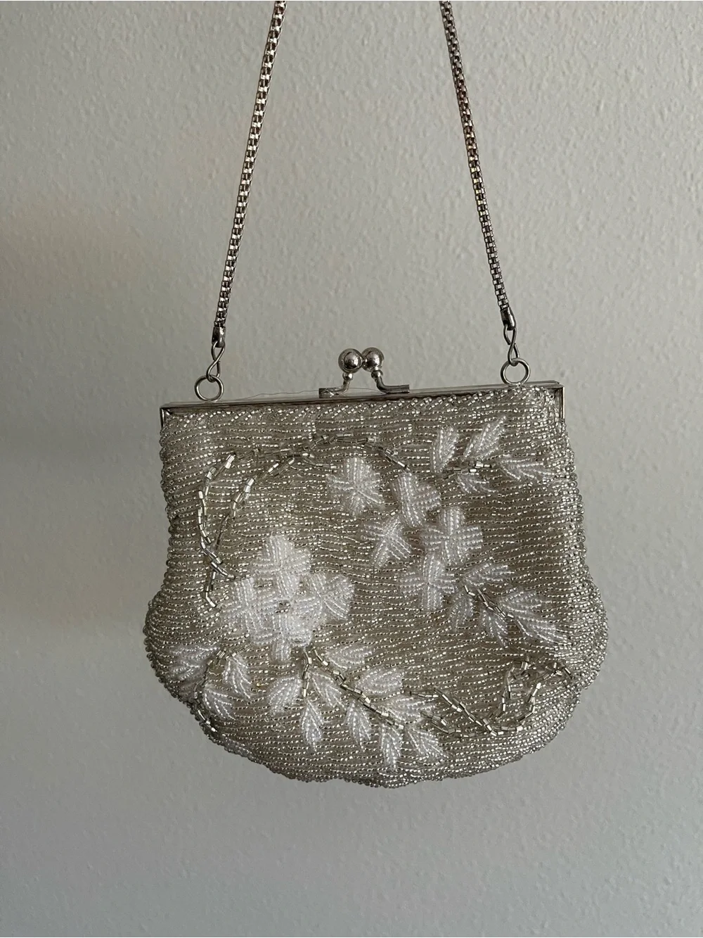 Vintage Silver Beaded Floral Evening Bag